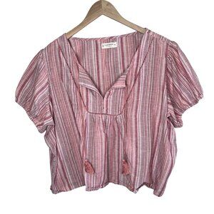 Lucky Brand XXL Pink Striped Cotton Linen Tasseled Boho Crop Tunic